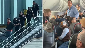 Unruly American Airlines passenger restrained by others after attempting to open emergency door in-flight